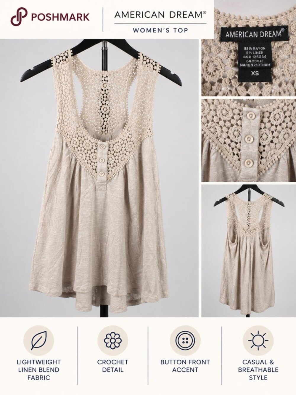 American Dream Beige Crochet Lace Racerback Henley Tank Top - XS